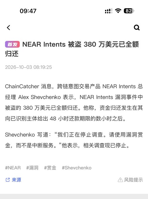 A Chinese-language news screenshot reports that NEAR Intents' general manager Alex Shevchenko announced the full return of $3.8 million stolen in the NEAR Intents leak incident, which aligns with the post noting that the thief ultimately returned all funds to @near_intents.