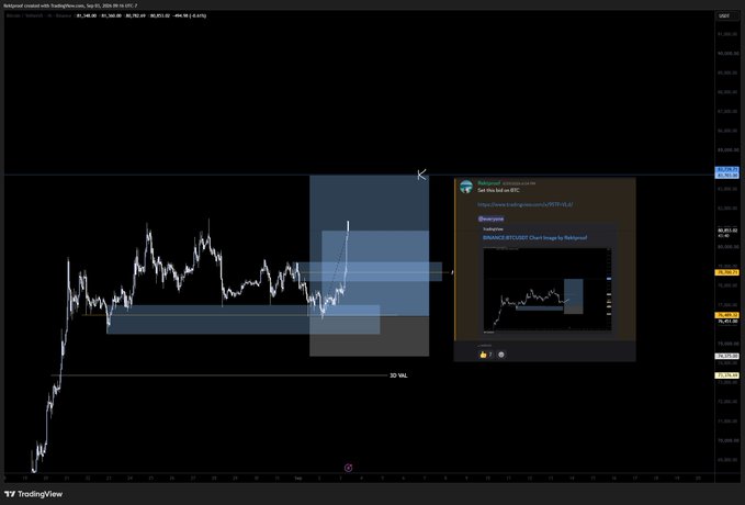 A TradingView chart of Bitcoin/US Dollar perpetual futures ($BTCUSD.P) dated September 1, 2024, displays hourly price action with overlaid supply/demand zones and a stop-loss labeled "10 SL," illustrating the trader's planned entry zones for the "$BTC Plan the trade and stick with it" strategy.