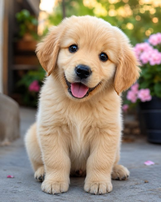 A photograph of an adorable, fluffy golden retriever puppy sitting on a stone surface with its tongue out.