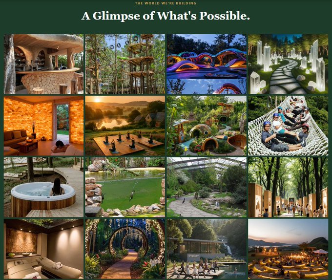 A promotional collage titled 'THE WORLD WE'RE BUILDING: A Glimpse of What's Possible' showing 16 lifestyle images including luxurious homes, unique architecture, hot tubs, nature retreats, and outdoor gatherings.