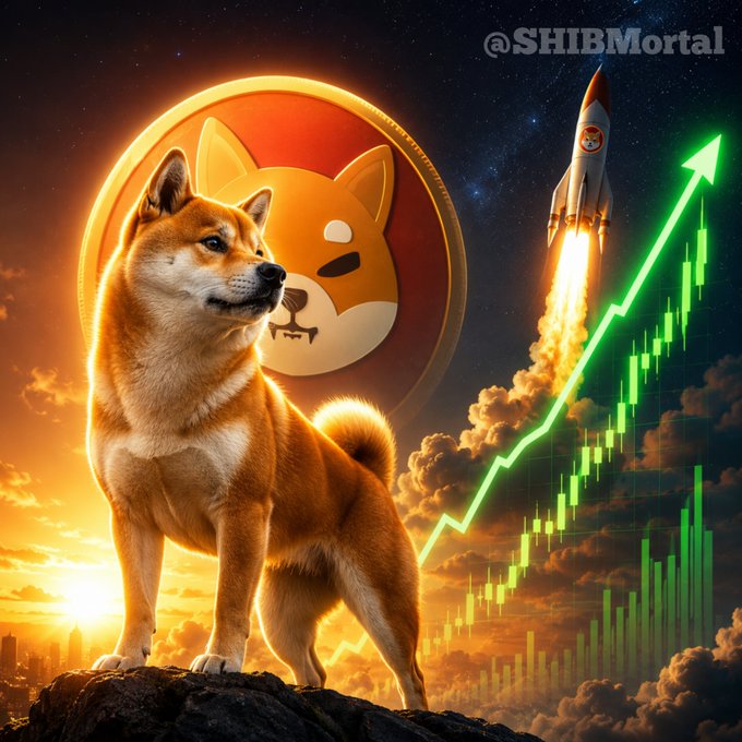 The image features a large Shiba Inu dog standing on a cliff under a starry night sky with a rocket soaring above it. The Shiba Inu has its front paws raised, while its hind legs are tucked underneath it. Next to the dog is the Bacon logo of SHIB and Bitcoin. There's also a graph present in the image that suggests a connection between the rocket launch and the stock market trends.