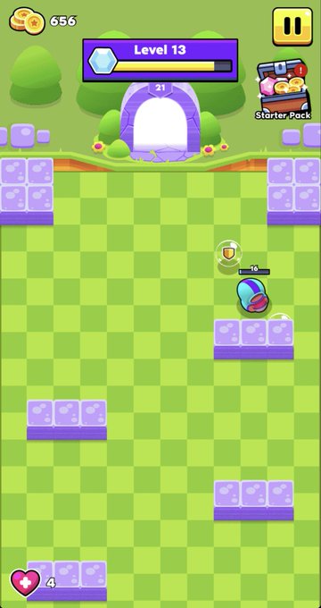 A screenshot of a mobile game shows a character navigating a green checkered platform level with purple blocks, displaying 'Level 13' and a coin count of 656.