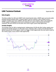 A technical document titled 'LINK Technical Outlook' dated September 5th, discussing the introduction of LINK and UNIBTC to a trading channel, with a candlestick price chart at the bottom.