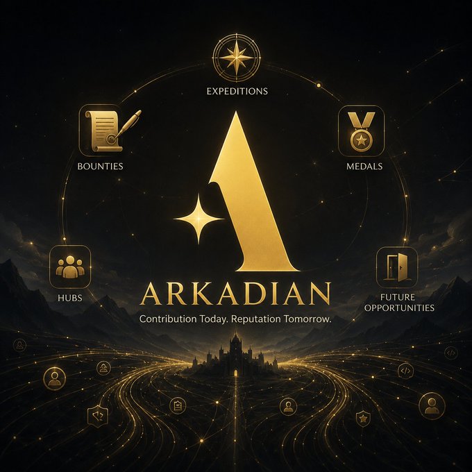 A promotional graphic for 'ARKADIAN' featuring the tagline 'Contribution Today. Reputation Tomorrow.' surrounded by icons for Expeditions, Bounties, Medals, Hubs, and Future Opportunities.