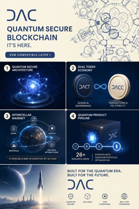 A promotional infographic for 'DAC QUANTUM SECURE BLOCKCHAIN', highlighting features like Quantum Secure Architecture, Dual Token Economy (DACT/DACC), Interstellar Mainnet, and Quantum Product Pipeline, noting EVM compatibility and Ethereum & BNB integration by Q3 2026.