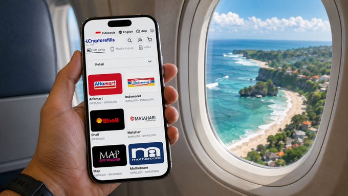 A hand holding a smartphone displaying the Cryptorefills app showing gift cards for Indomaret, Alfamart, Shell, Matahari, MAP, and Mothercare, with a tropical coastline and ocean visible through an airplane window.