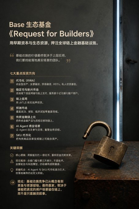 A promotional graphic in Chinese titled 'Base 生态基金《Request for Builders》' listing seven key investment directions including tokenization (RWA), stablecoins, DeFi, prediction markets, and AI agents, with an open padlock resting on a metal surface.