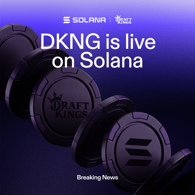 A promotional graphic announcing that DKNG (DraftKings) is live on Solana, featuring logos for Solana and DraftKings alongside dark poker chips on a purple background with the text 'Breaking News'.
