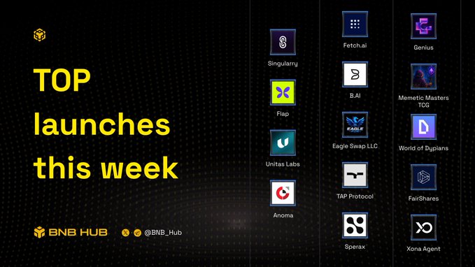 The image features a black background with white text that reads "Top Launches This Week" at the top of the screen. Below this, there are various logos for different companies such as "BNBCHAIN", "singularryai", "flapdotsh", and "@BNBCHAIN". These logos represent some of the companies featured in the post. The image also includes a list of logos for companies that have launched their products or services this week, including "Unicorns" and "Futura".