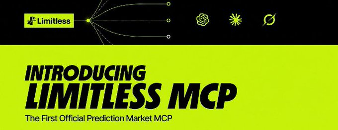 The image is a promotional banner for "Limitless MCP," described as "The First Official Prediction Market MCP," featuring the Limitless logo alongside icons for ChatGPT, Claude, and Grok, illustrating the integration of Limitless prediction markets with these AI tools.