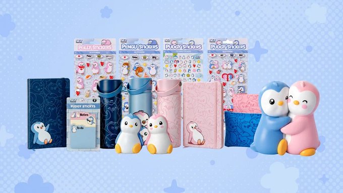 A promotional image displaying 'Pudgy Stickers' merchandise including sticker packs, notebooks, thermoses, and penguin figures against a light blue star-patterned background.