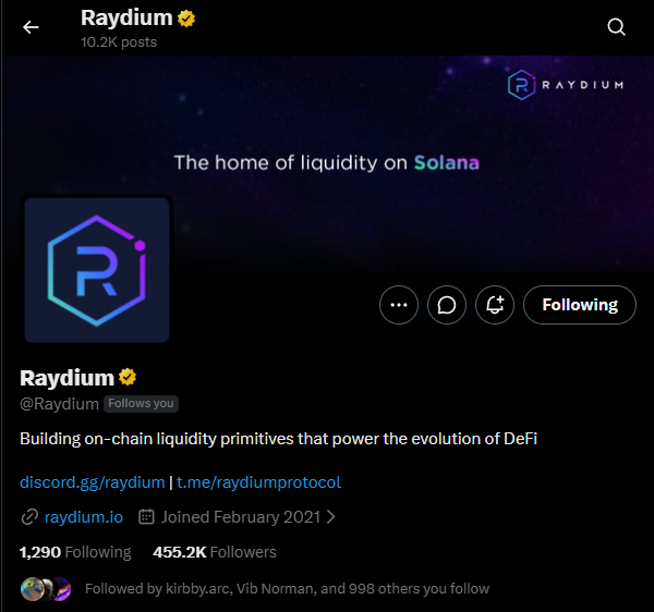 The image shows Raydium's verified X (Twitter) profile with 455.2K followers, featuring their slogan "The home of liquidity on Solana" and a hexagonal "R" logo against a cosmic background. This relates to the post celebrating the user receiving a follow-back from the official Raydium account.