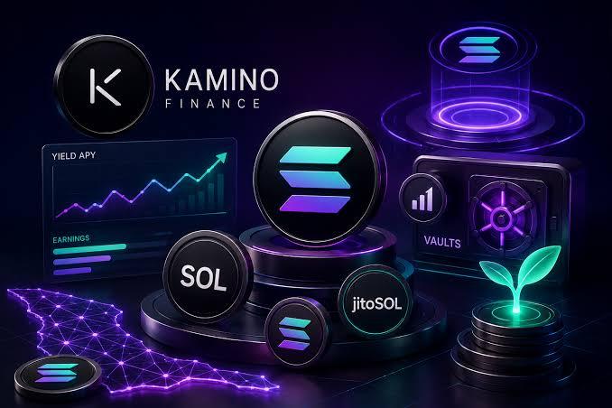 A promotional graphic for 'KAMINO FINANCE' featuring the Solana (SOL) logo and a token labeled 'jitoSOL', along with charts showing 'YIELD APY' and 'EARNINGS'.
