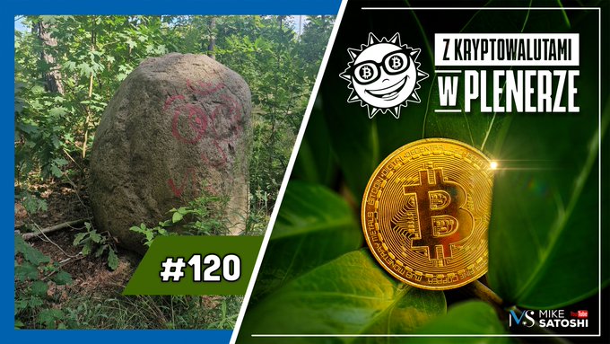 Episode #120 thumbnail for "Z Kryptowalutami w Plenerze" (With Cryptocurrencies Outdoors) by Mike Satoshi, featuring a forest scene with a marked boulder (#120) alongside a Bitcoin logo and sunglasses-wearing sun mascot, promoting an outdoor crypto discussion covering topics like control, Trump's cryptocurrencies, and the Clarity Act.