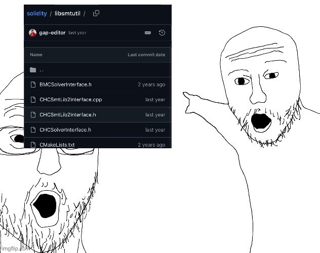 The image shows a man with a beard, possibly a cartoon character or an older man's face, pointing at another person who has their mouth open as if they are surprised. The scene appears to be set against a white background, which makes the colors of the characters and the text stand out.