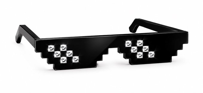 A pair of black pixelated 'thug life' style sunglasses decorated with rhinestones, displayed against a white background.