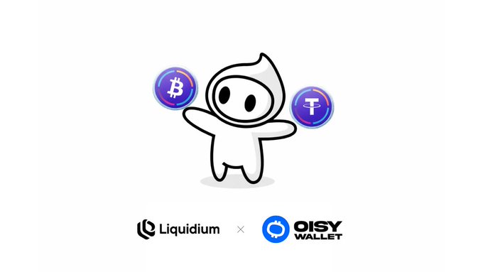 A cartoon mascot with outstretched arms stands between a Bitcoin (₿) and Tether (₾) coin, promoting the Liquidium × Oisy Wallet partnership as the post highlights over $50k in stablecoins borrowed directly via Oisy with native ICP and ckAssets integration coming next.