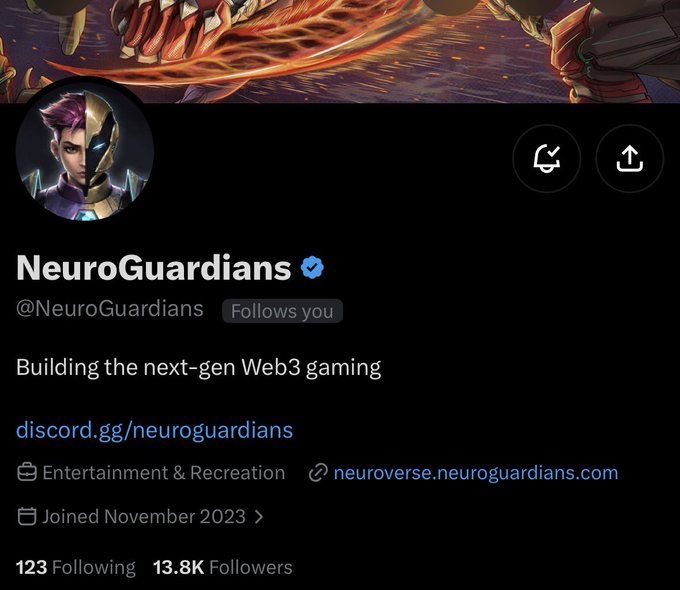 Twitter/X profile page for 'NeuroGuardians' (@NeuroGuardians), which describes itself as 'Building the next-gen Web3 gaming' and links to their Discord and neuroverse.neuroguardians.com website.