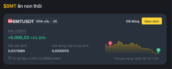Binance trading interface showing BMT/USDT with PNL +5,005.03 (+43.20%) and a price chart trending downward.