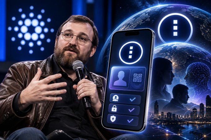 Charles Hoskinson speaks into a microphone, with a graphic beside him showing a smartphone displaying a "Midnight Passport" app featuring user identity and security verification icons against a backdrop of Earth and a digital human profile.