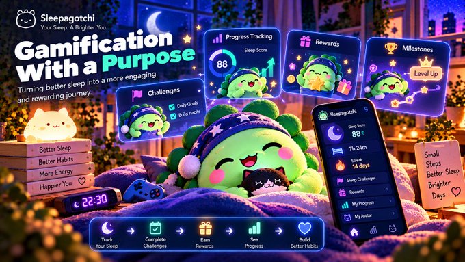 A colorful promotional graphic for 'Sleepagotchi' showcases gamification features for better sleep, featuring cute green dinosaur-like characters, progress tracking, rewards, milestones, and a mobile app interface.