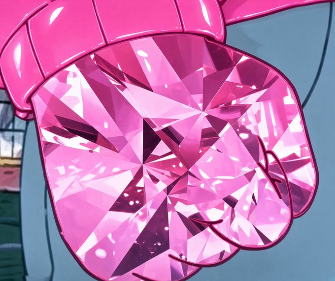 An abstract 3D rendering of a large pink faceted heart-shaped gem with glossy, glossy surfaces.
