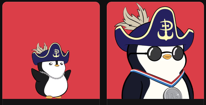 Two cartoon penguins on a red background wearing pirate hats with an anchor symbol; the right one wears round sunglasses and a medal.
