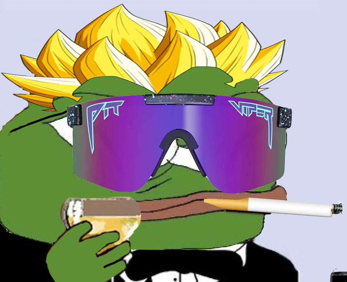 A cartoon Pepe the Frog character with spiky yellow and white hair, wearing large purple reflective sunglasses, holding a glass of liquor and a lit cigarette.