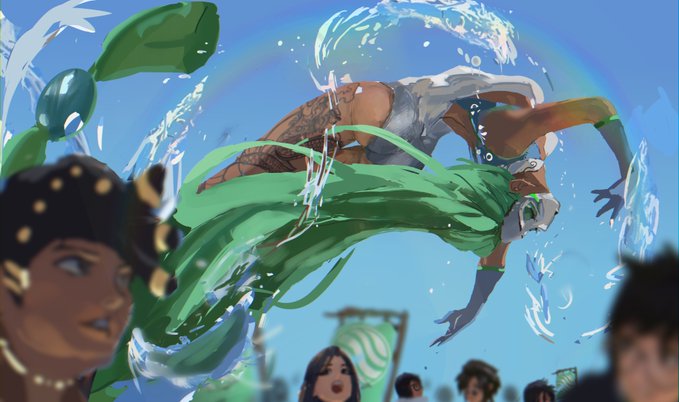 A dynamic digital painting showing a green-haired figure leaping through the air with water effects, while other characters watch in the foreground.