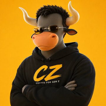 A stylized 3D bull mascot with sunglasses and a spiky haircut stands confidently with arms crossed, wearing a black hoodie that reads "CZ – Crypto for Gen Z" against a solid yellow background, reflecting a redesigned meme that removes direct Binance branding while keeping the playful CZ identity.
