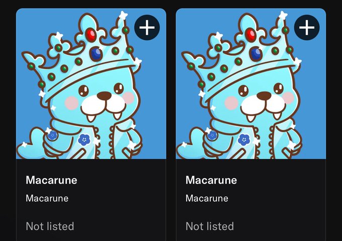Two identical NFT-style cartoon images of a blue character wearing a jeweled crown, labeled 'Macarune' and 'Not listed' on a dark background.