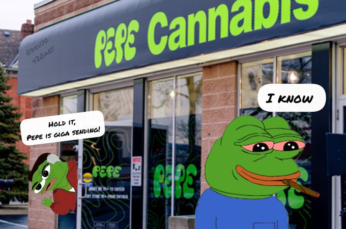 A Pepe meme image set in front of a "Pepe Cannabis" store, with one small Pepe saying "Hold it, Pepe is giga sending!" and a larger smoking Pepe replying "I know".