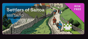 A banner for 'Settlers of Saitoa' on 888°SAITO with a 'RISK FREE' tag in the corner, showing pixel art of travelers walking along a stone path near a building.