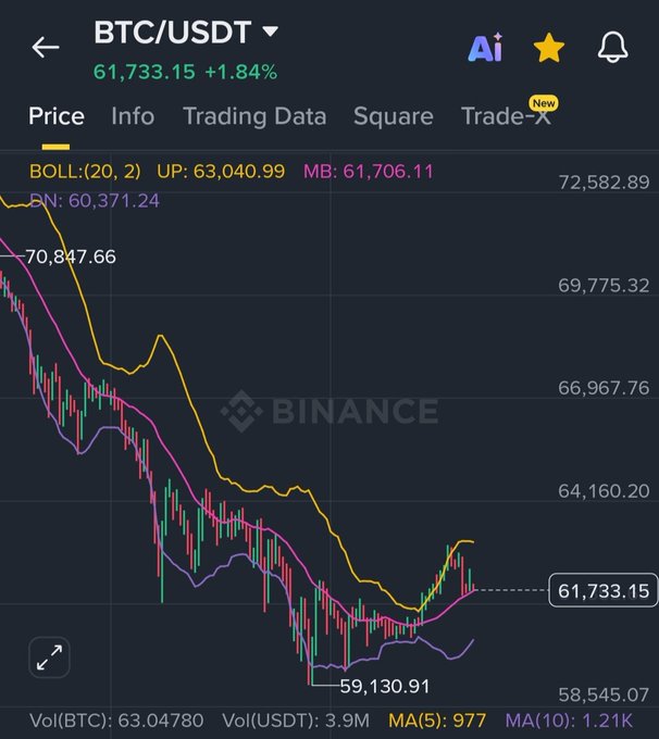 The image is a screenshot of a stock market chart with Bitcoin and USDT (Ursus dollar) symbols displayed, showing a sharp decline in value for these two cryptocurrencies over time. The current price levels are $61.73 for Bitcoin and $1.39 for USDT, indicating that the market has experienced a significant drop recently. It is worth noting that the chart also displays the Bollinger bands, which represent historical price range data for these assets. In this particular instance, the Bollinger band's upper (green) limit is around $65 while the lower limit is at around $48. The Bitcoin price falls below its Band A and Band B limits as of the time of the screenshot. This information suggests that traders should be cautious when trading in such markets due to potential significant losses or gains depending on the current trend's direction.