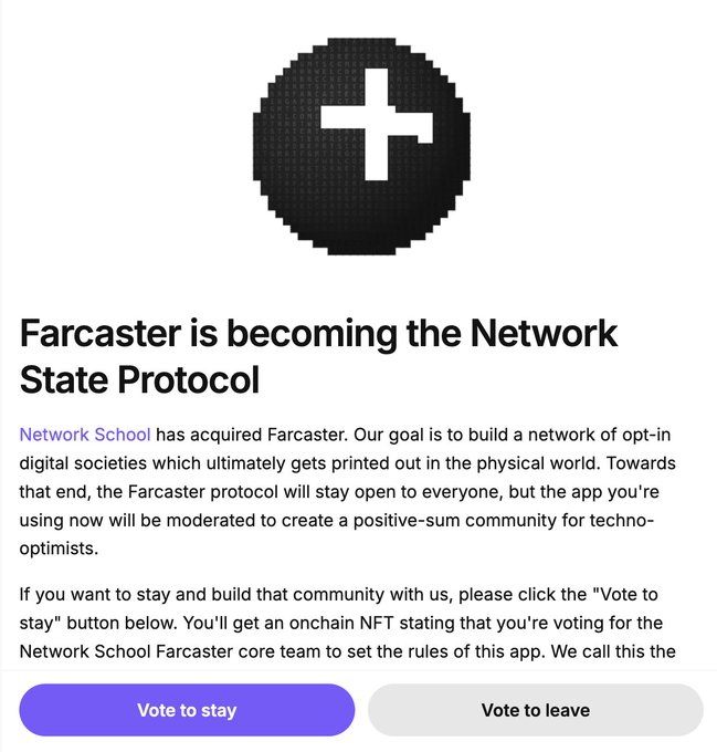 A screenshot announces 'Farcaster is becoming the Network State Protocol' with text explaining that Network School has acquired Farcaster, and includes buttons to 'Vote to stay' or 'Vote to leave'.