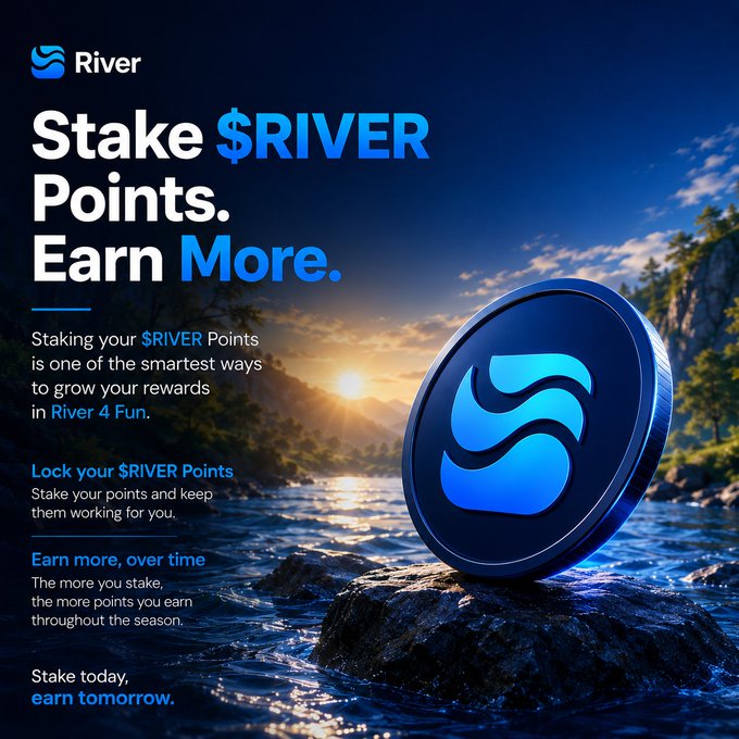 A River cryptocurrency advertisement reading 'Stake $RIVER Points. Earn More.' with details about locking and earning points throughout the season.