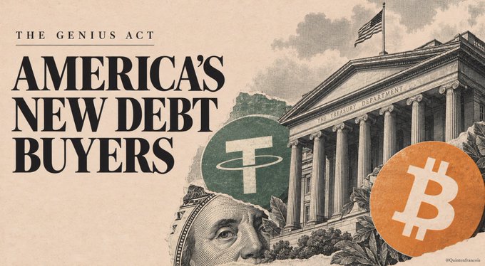 A vintage-style editorial graphic titled "THE GENIUS ACT — AMERICA'S NEW DEBT BUYERS," featuring the U.S. Treasury building alongside Tether (₮) and Bitcoin (₿) logos, with a torn $100 bill in the foreground, visually linking the GENIUS Act to stablecoin issuer Tether as a potential buyer of U.S. debt and accumulator of Bitcoin.