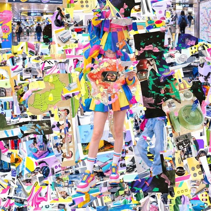 A vibrant, chaotic digital collage featuring a person in a colorful outfit and mask standing in the center, surrounded by an explosion of bright pink, yellow, blue, and green abstract shapes and objects.
