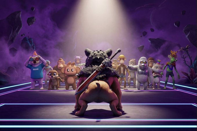 The image features a group of cartoon characters gathered together for an event at a convention center. The main character, a brown bear with a sword, stands out among the crowd as he holds his sword high above his head. Surrounding him are other cartoon characters, including a monkey and a gorilla, all dressed in colorful costumes that match their personalities. The scene is set against a purple background, which adds to the overall atmosphere of the event.