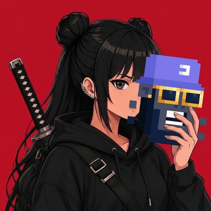 Anime-style illustration of a girl with black hair in double buns wearing a black hoodie with a katana on her back, holding a pixel-art blue/purple cube character up to her face against a red background.