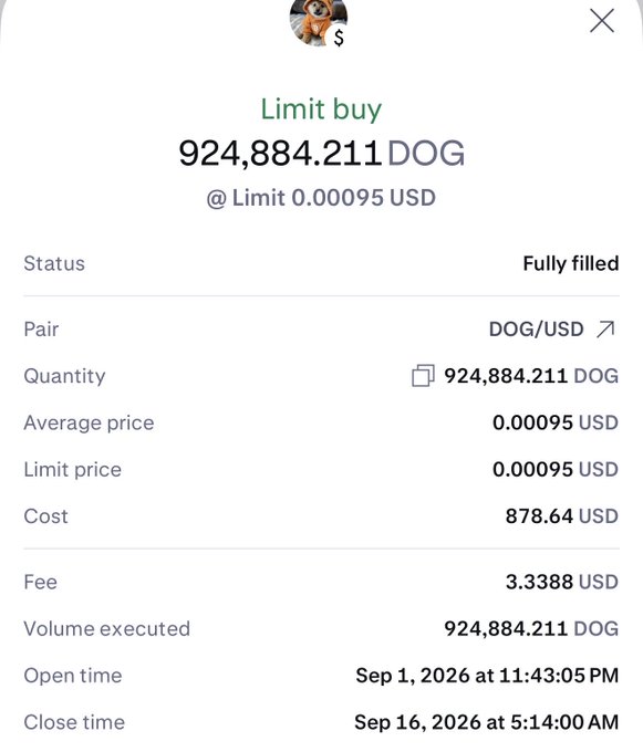 A cryptocurrency trading receipt showing a fully filled limit buy order for 924,884.211 DOG at 0.00095 USD, costing 878.64 USD with a 3.3388 USD fee.