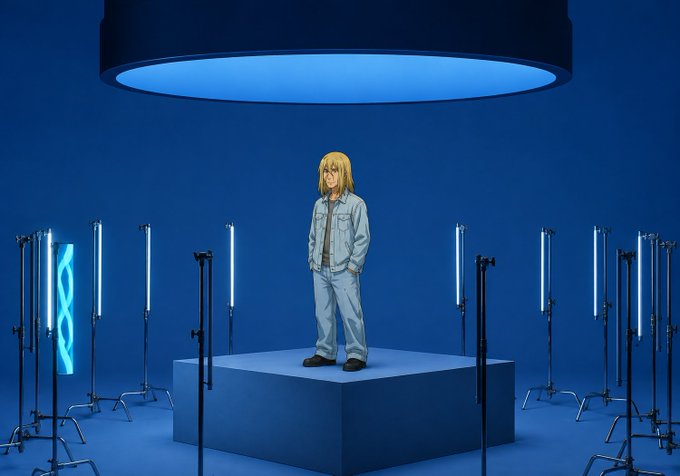 An anime-style character with blonde hair standing on a blue pedestal in a studio setting, surrounded by light stands and illuminated by a large circular overhead light.
