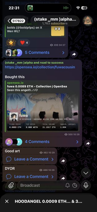 Screenshot of a Telegram channel "(stake_mm)alpha..." showing a purchased NFT alert for "fuwa 0.0089 ETH - Collection" on OpenSea, with the post's stated buy price of 0.0063 ETH aligning with the 0.0089 ETH purchase shown in the image to demonstrate the call's early entry.