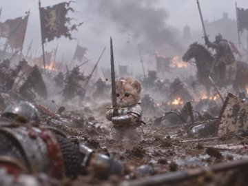 A small kitten wearing armor and holding a sword stands in the center of a chaotic medieval battlefield with burning debris, smoke, and soldiers fighting in the background.