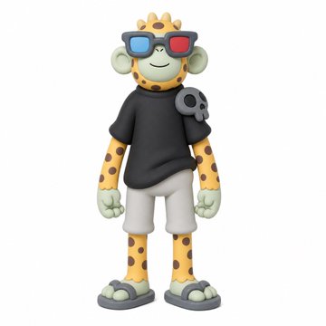 A 3D rendered figure of a leopard-print character with green skin, wearing 3D glasses, a black t-shirt, and white shorts, with a gray game controller attached to its shoulder.