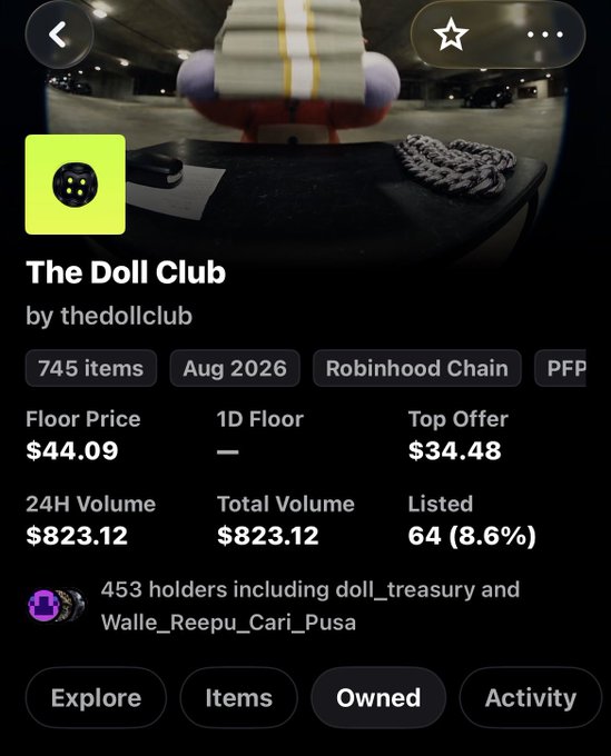 Screenshot of an NFT collection called 'The Doll Club' by thedollclub, showing 745 items on Robinhood Chain with a floor price of $44.09, top offer of $34.48, and 453 holders.