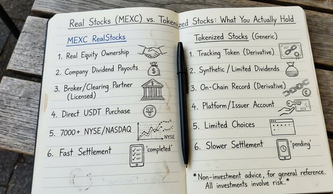 The image shows an open notebook filled with information about investing in real stocks (MEXC) compared to traditional methods of investing such as bank wires or other paperwork. The notebook contains a list of various symbols representing different types of real stocks, along with descriptions of each stock and its associated fees. The post suggests that the modern approach to investing is shifting towards using mobile apps for trading real stocks, which can be accessed through a single app on a smartphone. This change simplifies the process by reducing paperwork and fees, making it more accessible and convenient for investors.