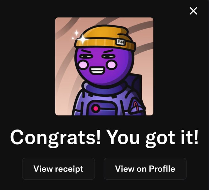A digital collectible reward screen displays a purple cartoon astronaut wearing a yellow beanie marked "SR," with the message "Congrats! You got it!" alongside buttons for "View receipt" and "View on Profile." The image relates to the post by celebrating the acquisition of a SpaceRidersXYZ NFT, with the yellow beanie matching the "touch of yellow" mentioned in the caption.
