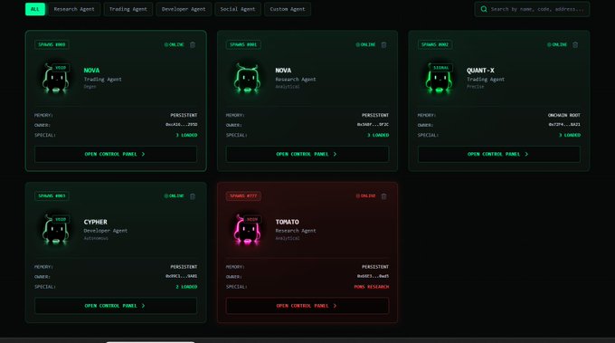 A dark-themed cryptocurrency agent dashboard showing multiple agent cards including NOVA, QUANT-X, CYPHER, and TOMATO with online statuses, memory settings, and control panels.