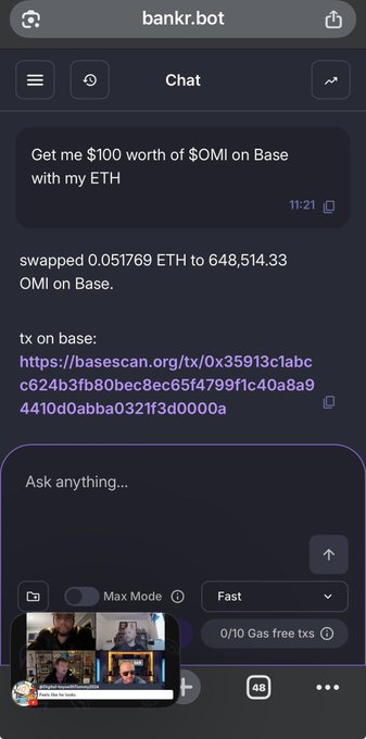 A mobile screenshot of a chat interface at bankr.bot showing a successful crypto swap: 'swapped 0.051769 ETH to 648,514.33 OMI on Base' with a basescan.org transaction link.